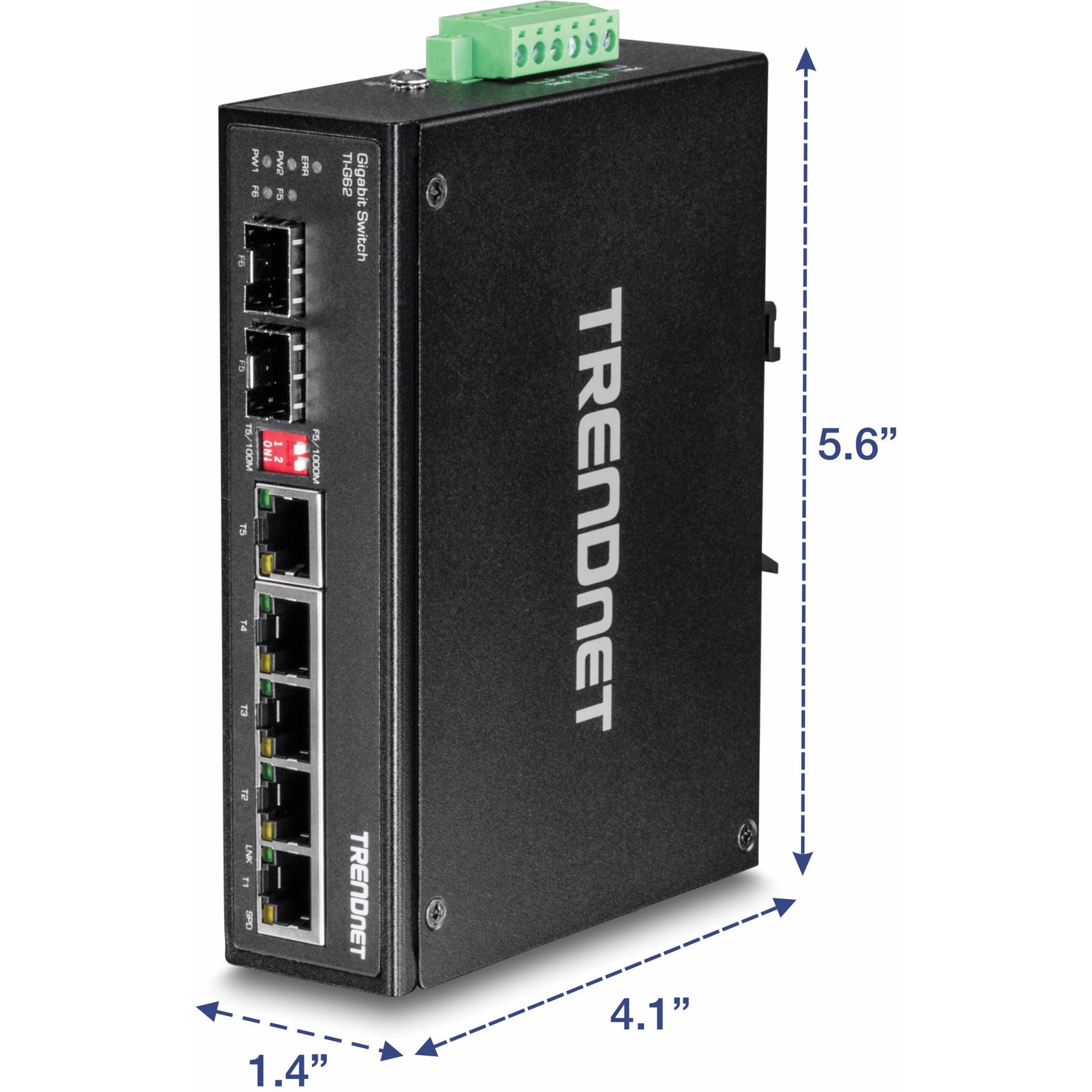 TRENDnet 6-포트 강화된 산업용 기가비트 DIN-레일 스위치 12 Gbps 전환 용량 IP30 등급 금속 하우징 -40 to 75 ºC (-40 to 167 ºF) DIN-레일 및 벽 마운트 포함 평생 보호 블랙 TI-G62