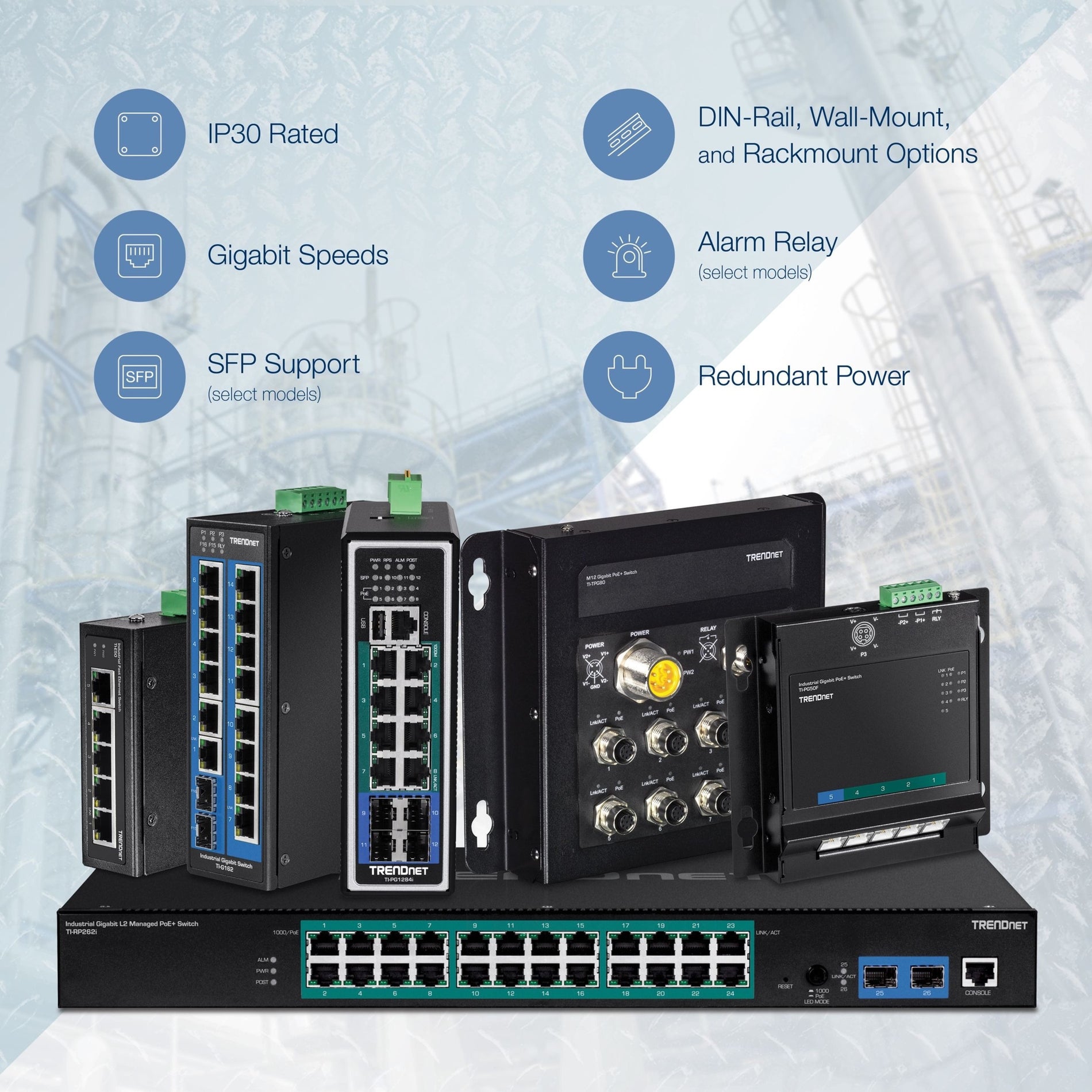 Interruptor industrial Gigabit DIN-Rail de 6 puertos TRENDnet capacidad de conmutación de 12 Gbps carcasa metálica con clasificación IP30 -40 a 75 ºC (-40 a 167 ºF) incluye montajes para DIN-Rail y pared protección de por vida negro TI-G62