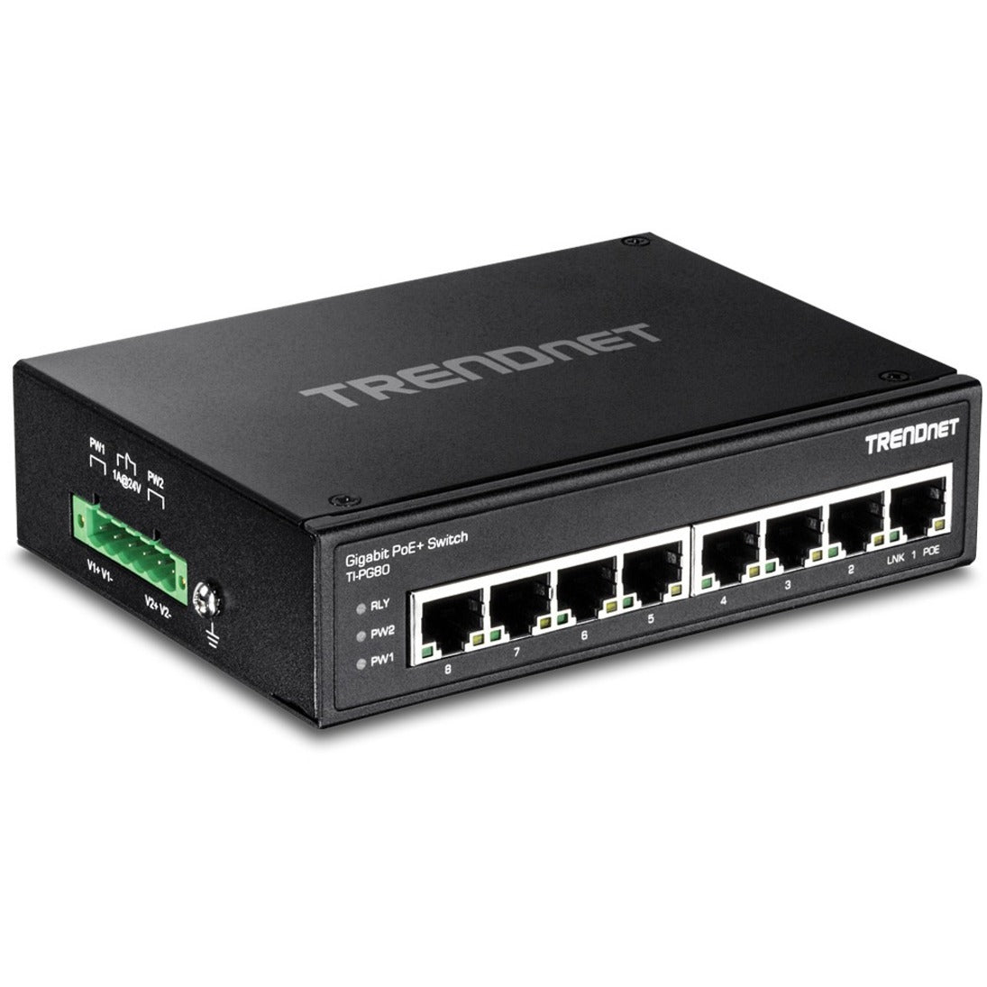 TRENDnet 8-Port Hardened Industrial Unmanaged Gigabit PoE+ DIN-Rail Switch, 200W Full PoE+ Power Budget, 16 Gbps Switching Capacity, IP30 Rated Network Switch, Lifetime Protection, Black, TI-PG80