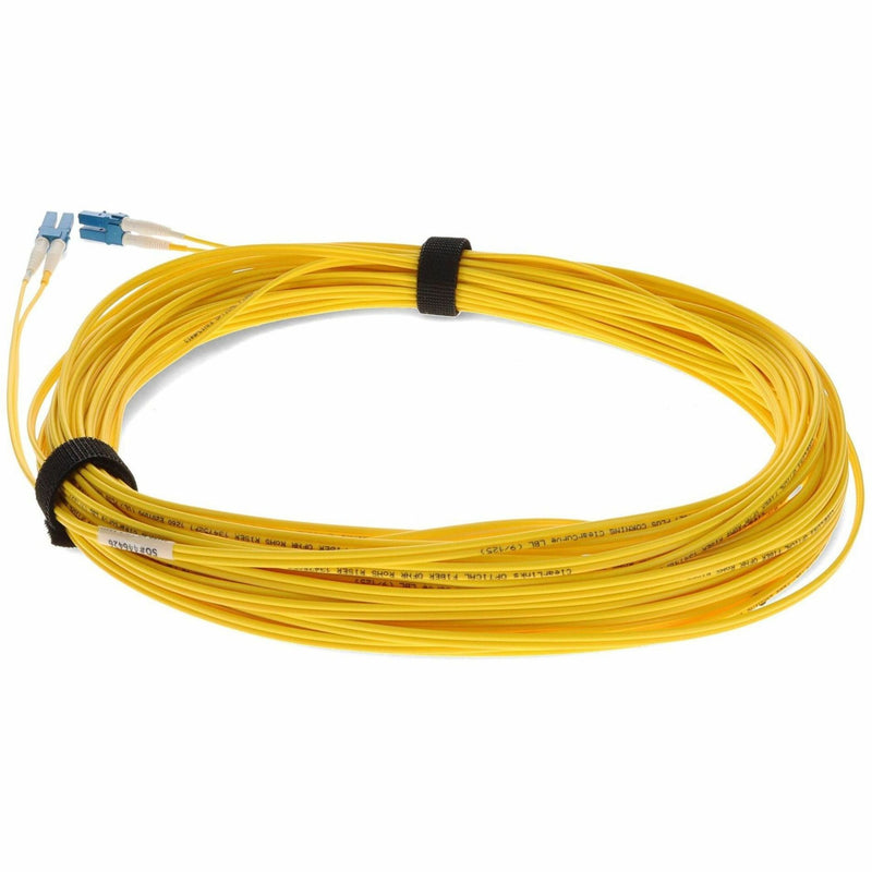 Angled view of yellow single-mode fiber cable showing connector detail