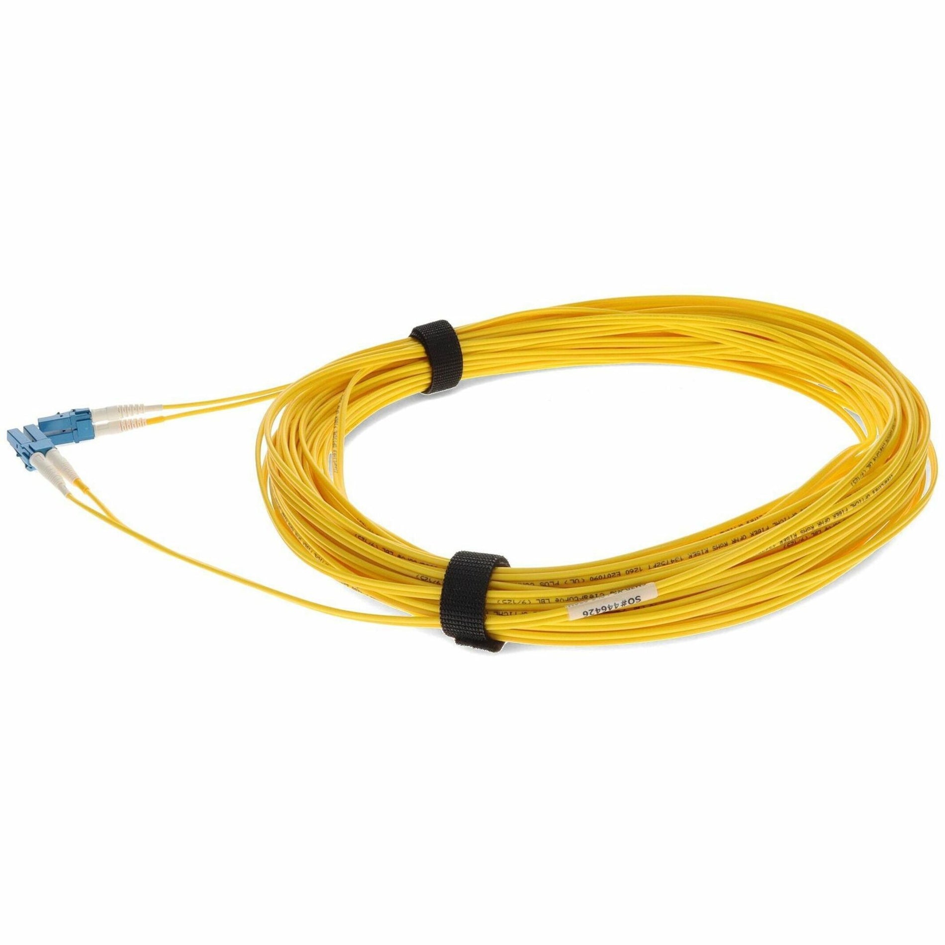 Side view of yellow fiber optic cable showing strain relief boots and cable management straps-alternate-image2