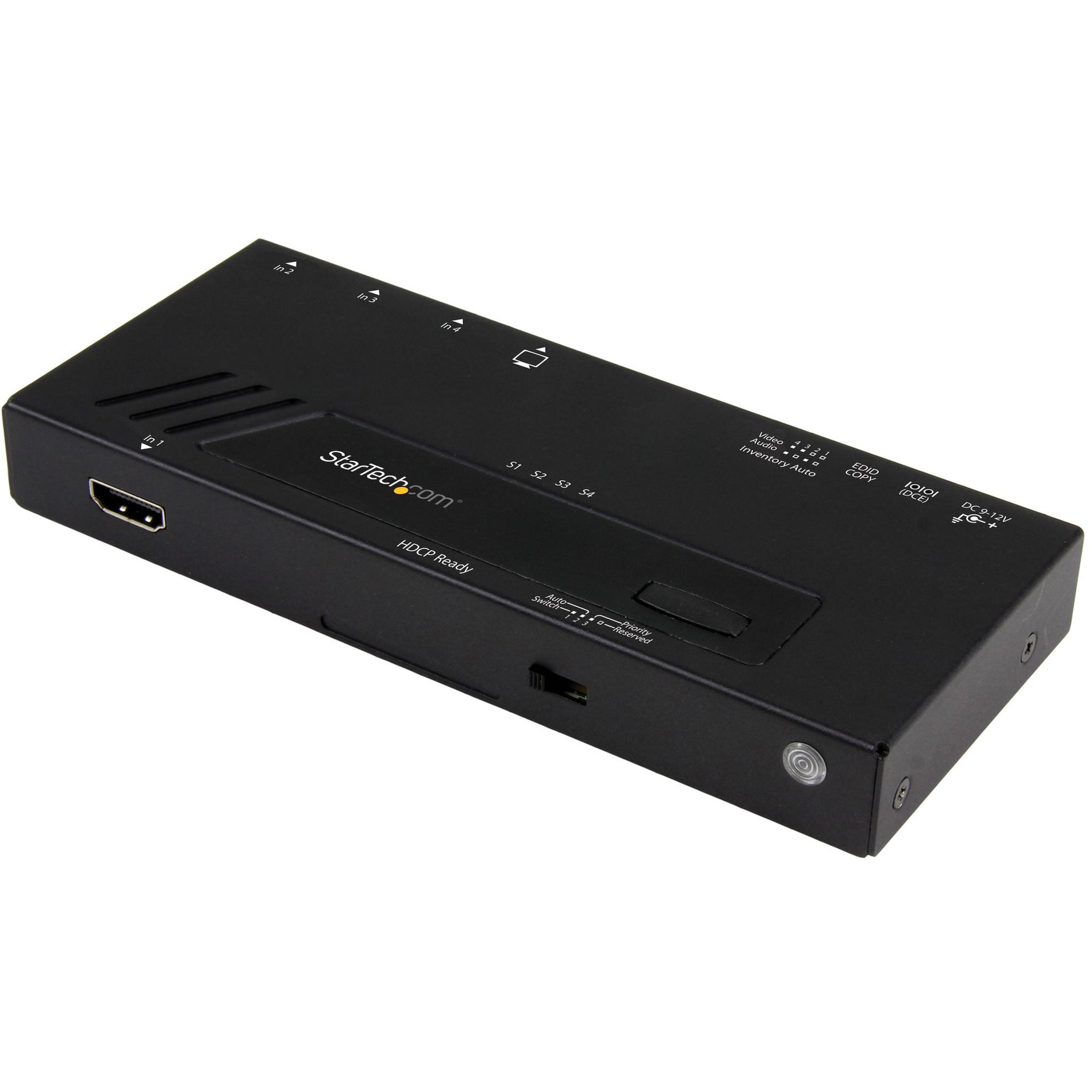 Side view of StarTech.com 4-port HDMI switch showing HDMI ports, LED indicators, and control interface-alternate-image1