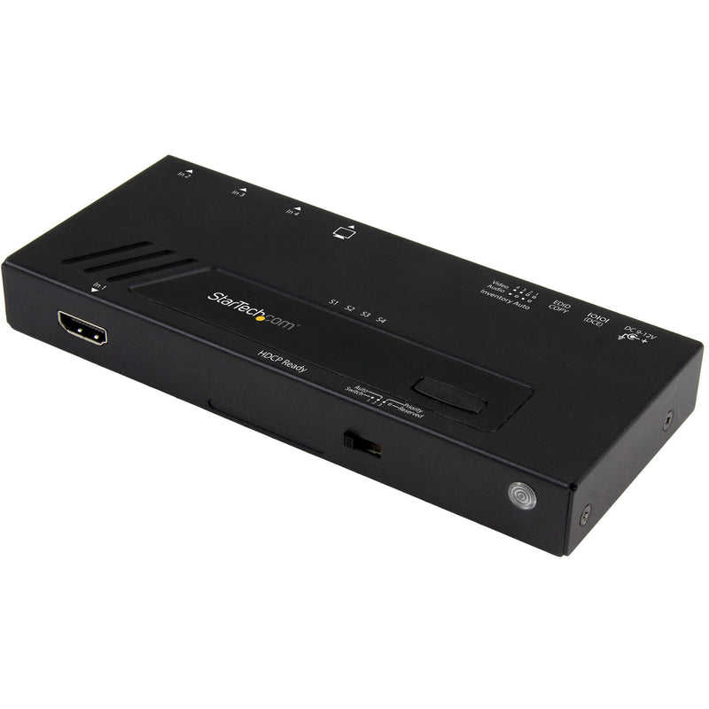 Side view of StarTech.com 4-port HDMI switch showing HDMI ports, LED indicators, and control interface