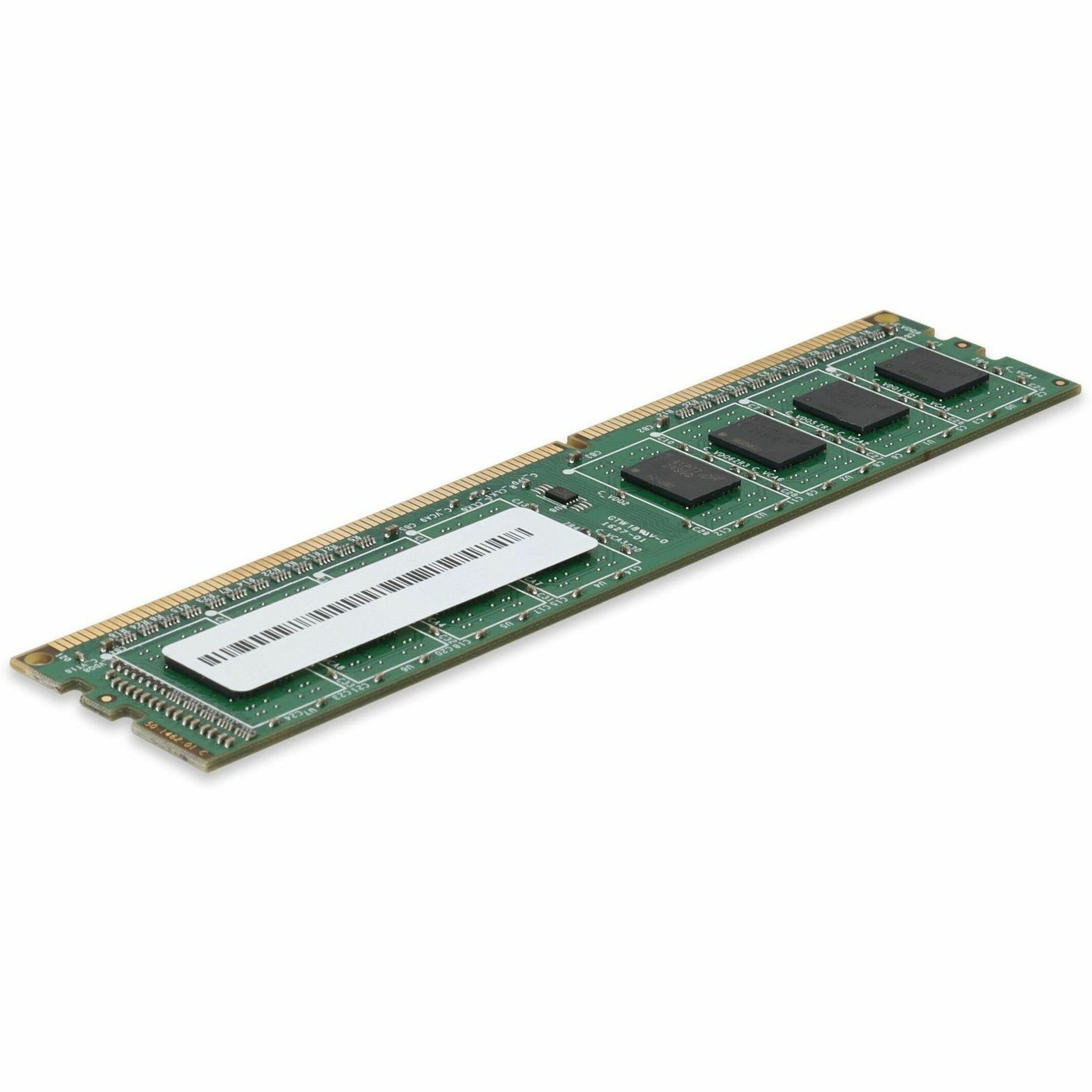 Side view of AddOn 4GB DDR3 SDRAM memory module showing green PCB and black memory chips-alternate-image1