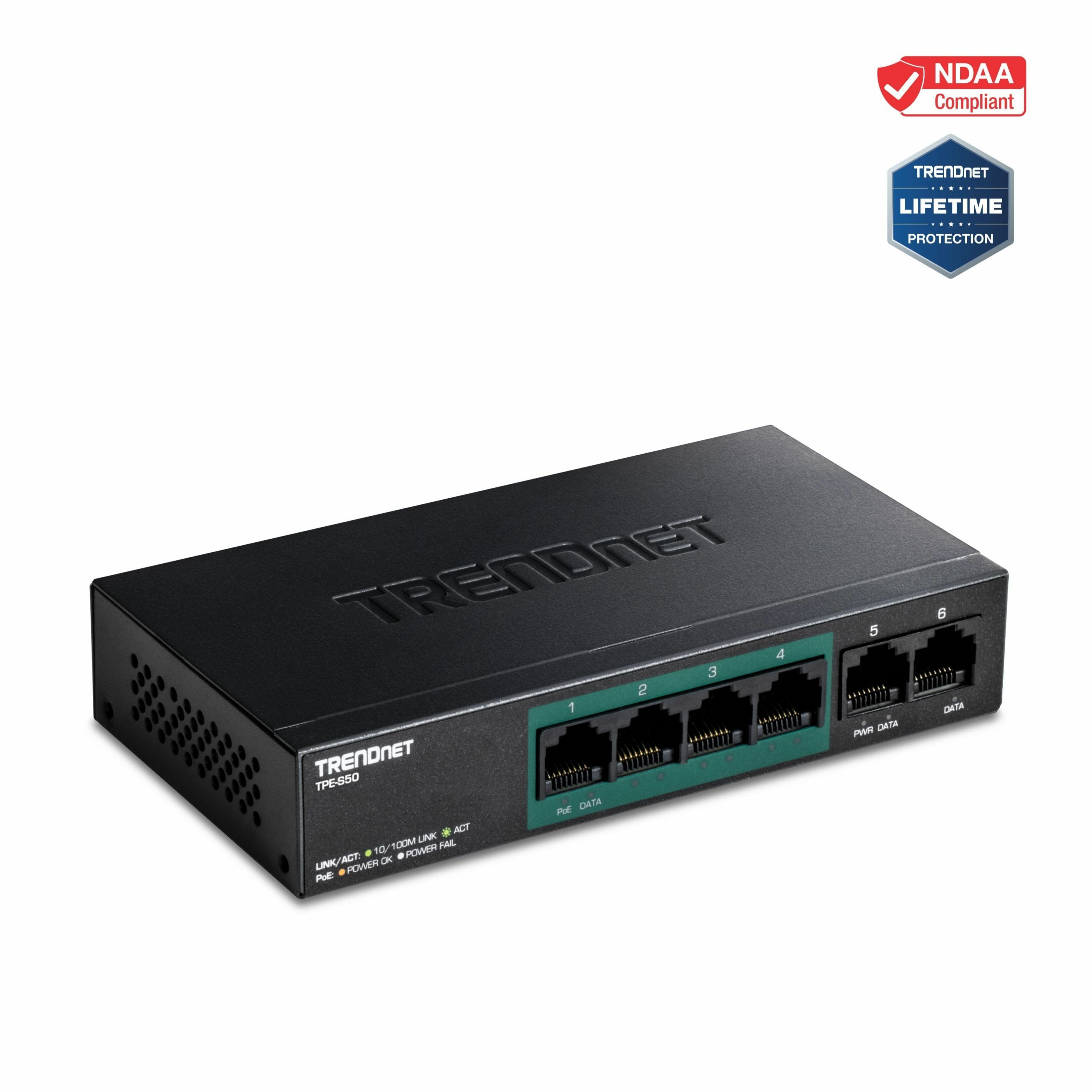 TRENDnet 6-Port Fast Ethernet PoE+ Sakelar 4 x Port Fast Ethernet PoE 2 x Port Fast Ethernet 60W Anggaran PoE 1.2 Gbps Kapasitas Sakelar Metal Perlindungan Seumur Hidup Terbatas Hitam TPE-S50