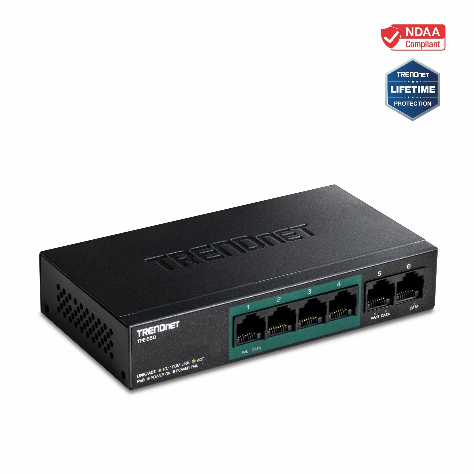 TRENDnet 6-poorts Fast Ethernet PoE+ Schakelaar 4 x Fast Ethernet PoE Poorten 2 x Fast Ethernet Poorten 60W PoE Budget 1.2 Gbps Schakelcapaciteit Metaal Beperkte Levenslange Bescherming Zwart TPE-S50