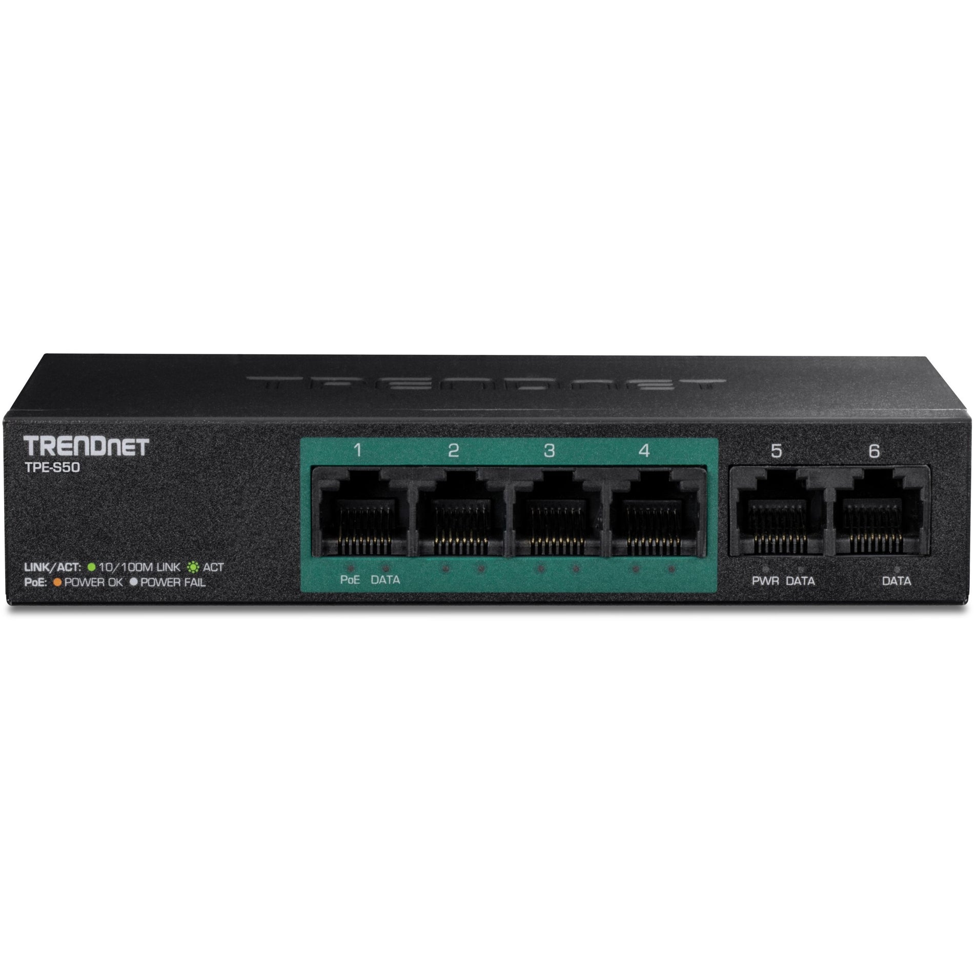 TRENDnet 6-poorts Fast Ethernet PoE+ Schakelaar 4 x Fast Ethernet PoE Poorten 2 x Fast Ethernet Poorten 60W PoE Budget 1.2 Gbps Schakelcapaciteit Metaal Beperkte Levenslange Bescherming Zwart TPE-S50