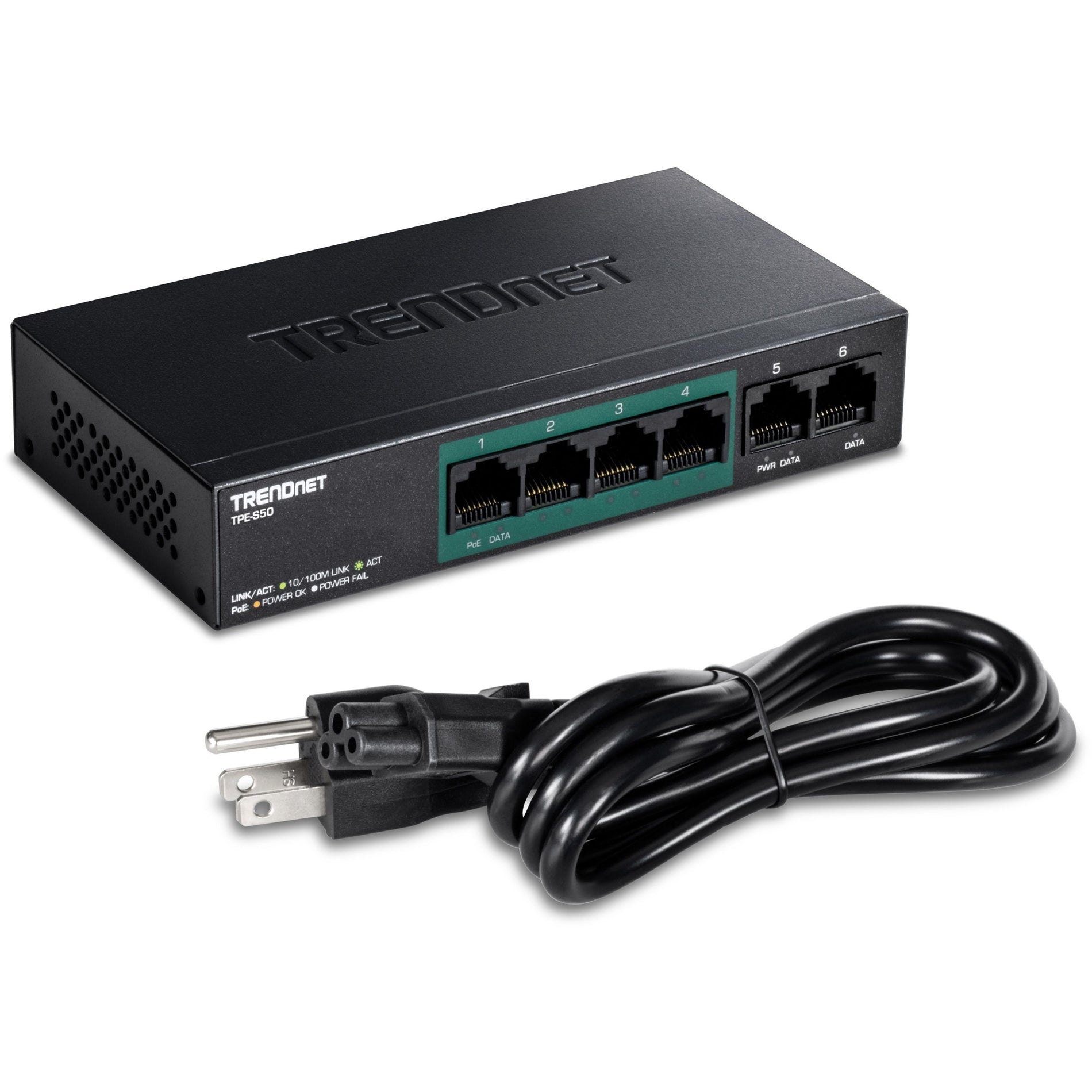 TRENDnet 6-Port Fast Ethernet PoE+ Sakelar 4 x Port Fast Ethernet PoE 2 x Port Fast Ethernet 60W Anggaran PoE 1.2 Gbps Kapasitas Sakelar Metal Perlindungan Seumur Hidup Terbatas Hitam TPE-S50