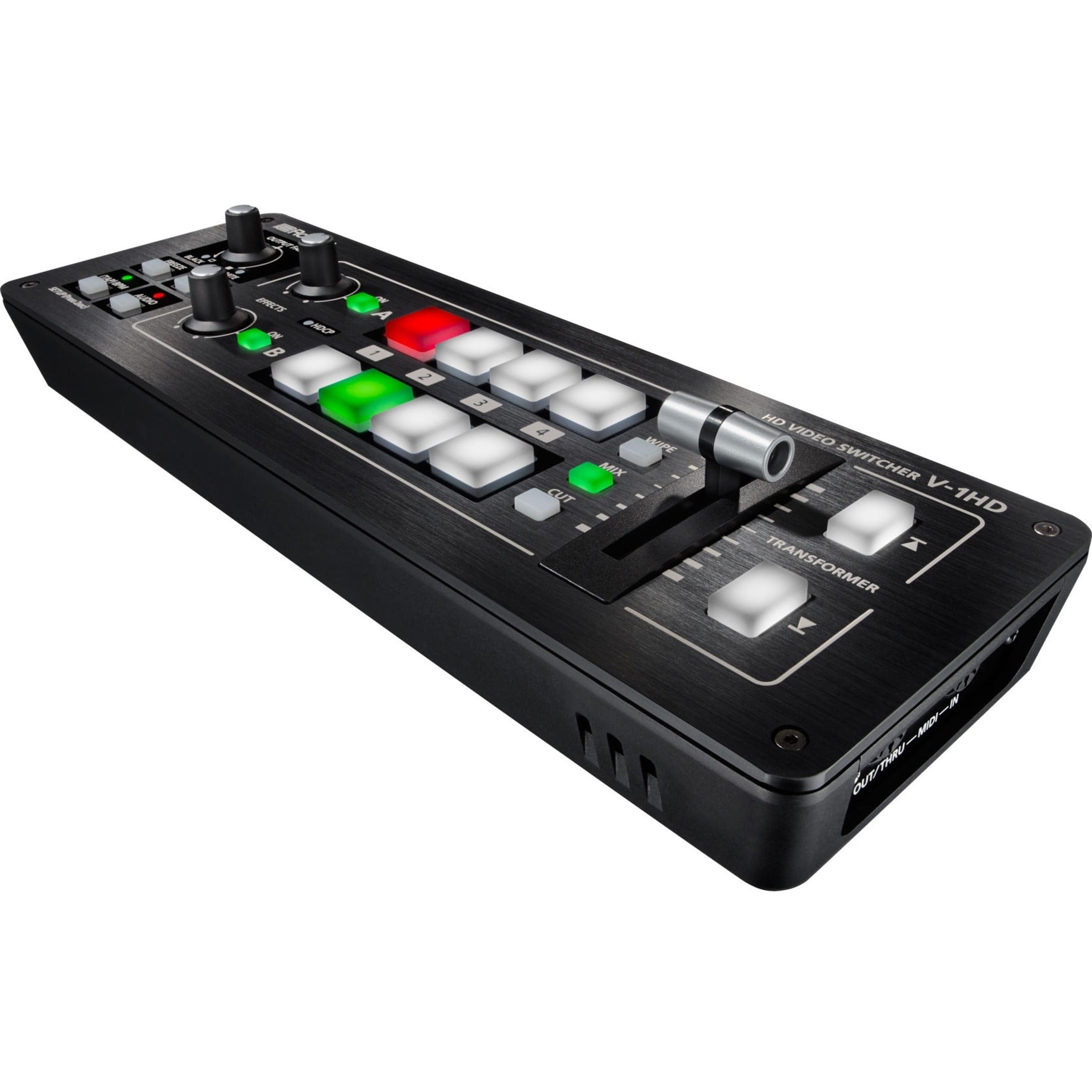 Angled perspective of Roland V-1HD video switcher showing build quality and control layout-alternate-image2