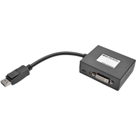 Tripp Lite B157-002-DVI DisplayPort to dual DVI splitter with attached cable and two DVI ports shown against white background-alternate-image1