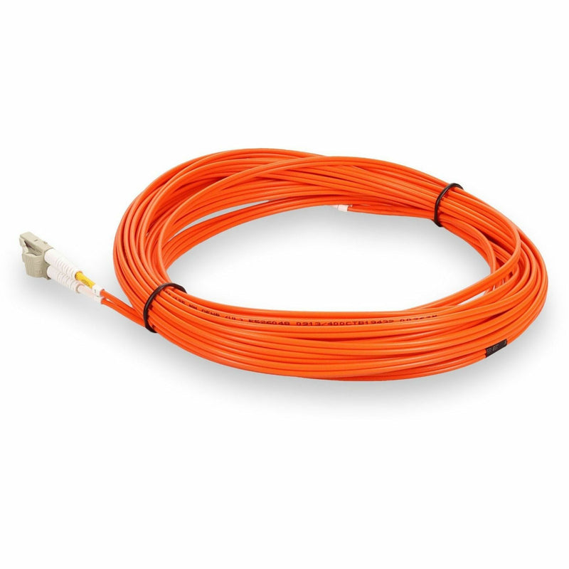 Angled view of orange fiber patch cable highlighting dual retention clips and cable management features