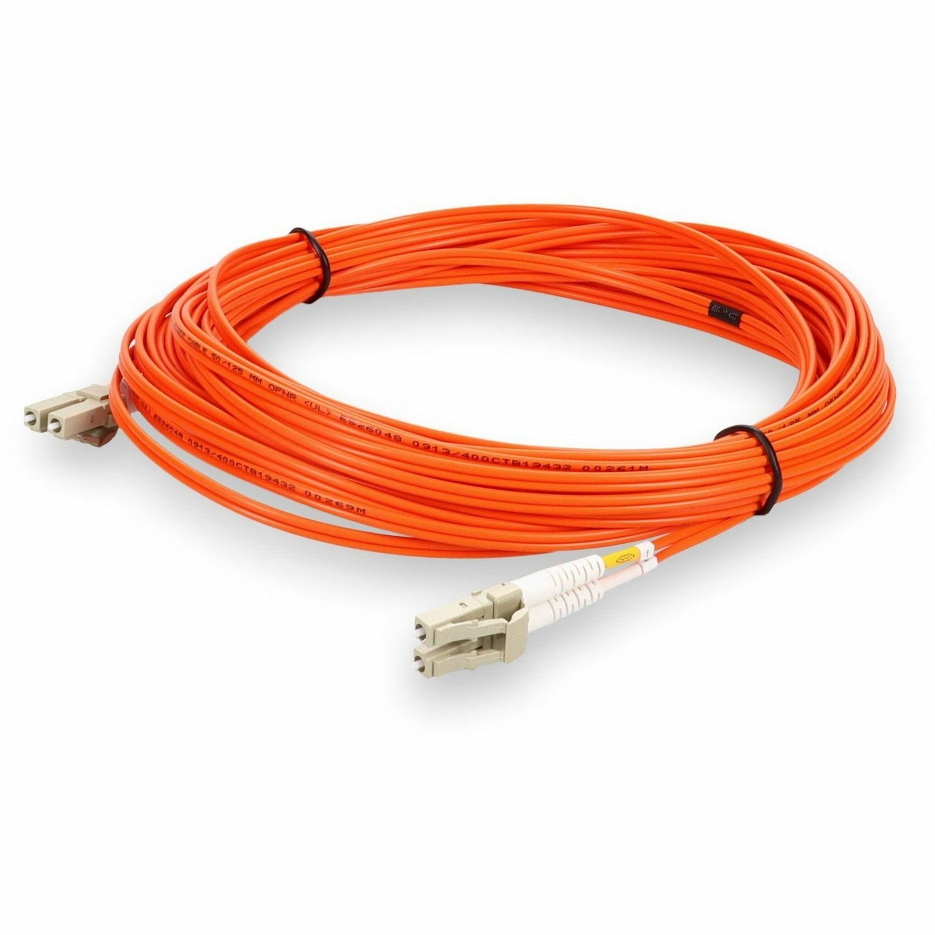 Orange OM2 fiber optic patch cable with LC connectors and strain relief boots shown coiled with black cable management ties-alternate-image1