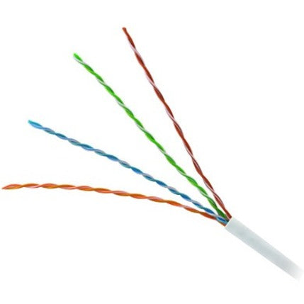 Close-up view of Genesis Cat6 cable showing four color-coded twisted pairs - blue, green, orange, and brown - emerging from white PVC jacket