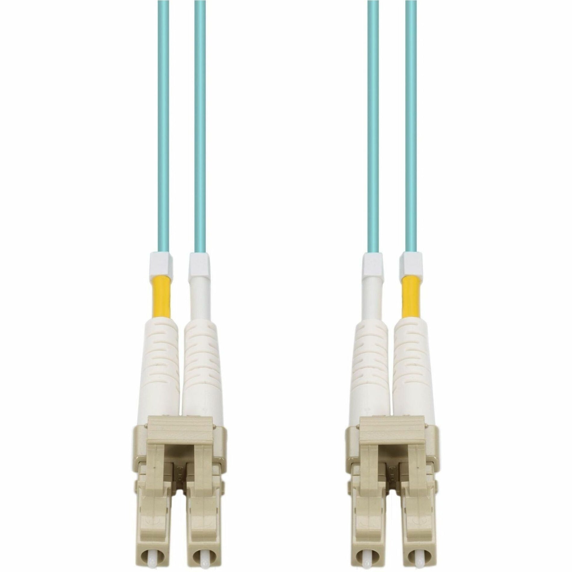 AddOn OM4 LC to LC duplex fiber patch cable with aqua jacket and white strain relief boots-alternate-image1