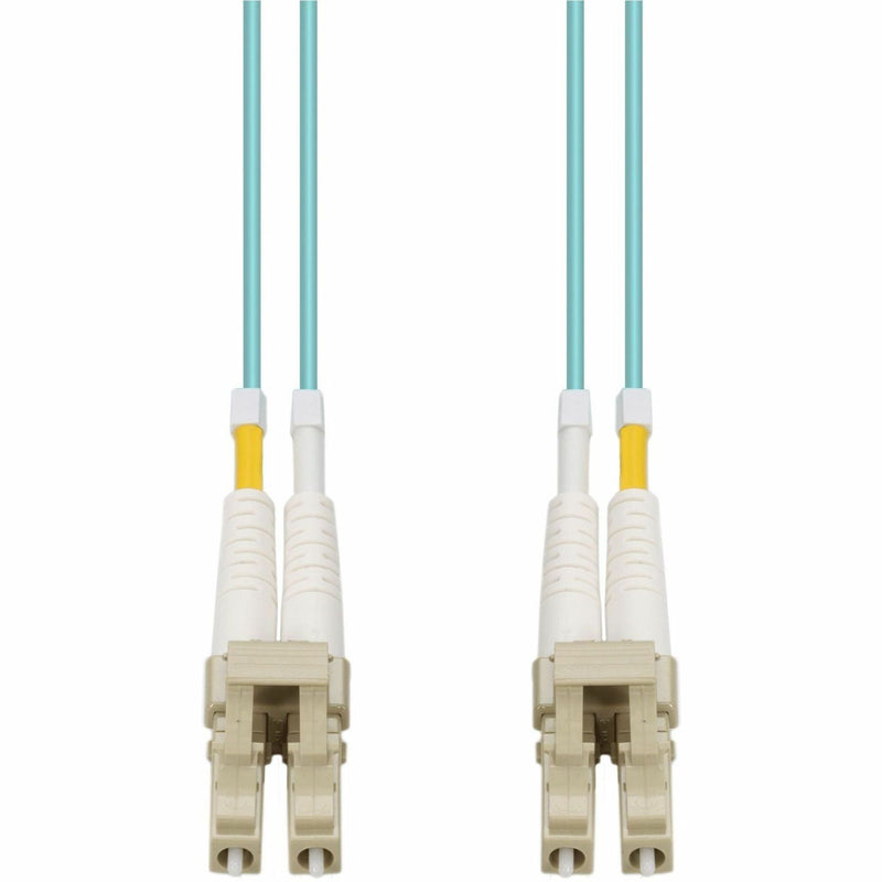 AddOn 35m OM4 fiber patch cable with LC connectors showing full-length aqua cable and white strain relief