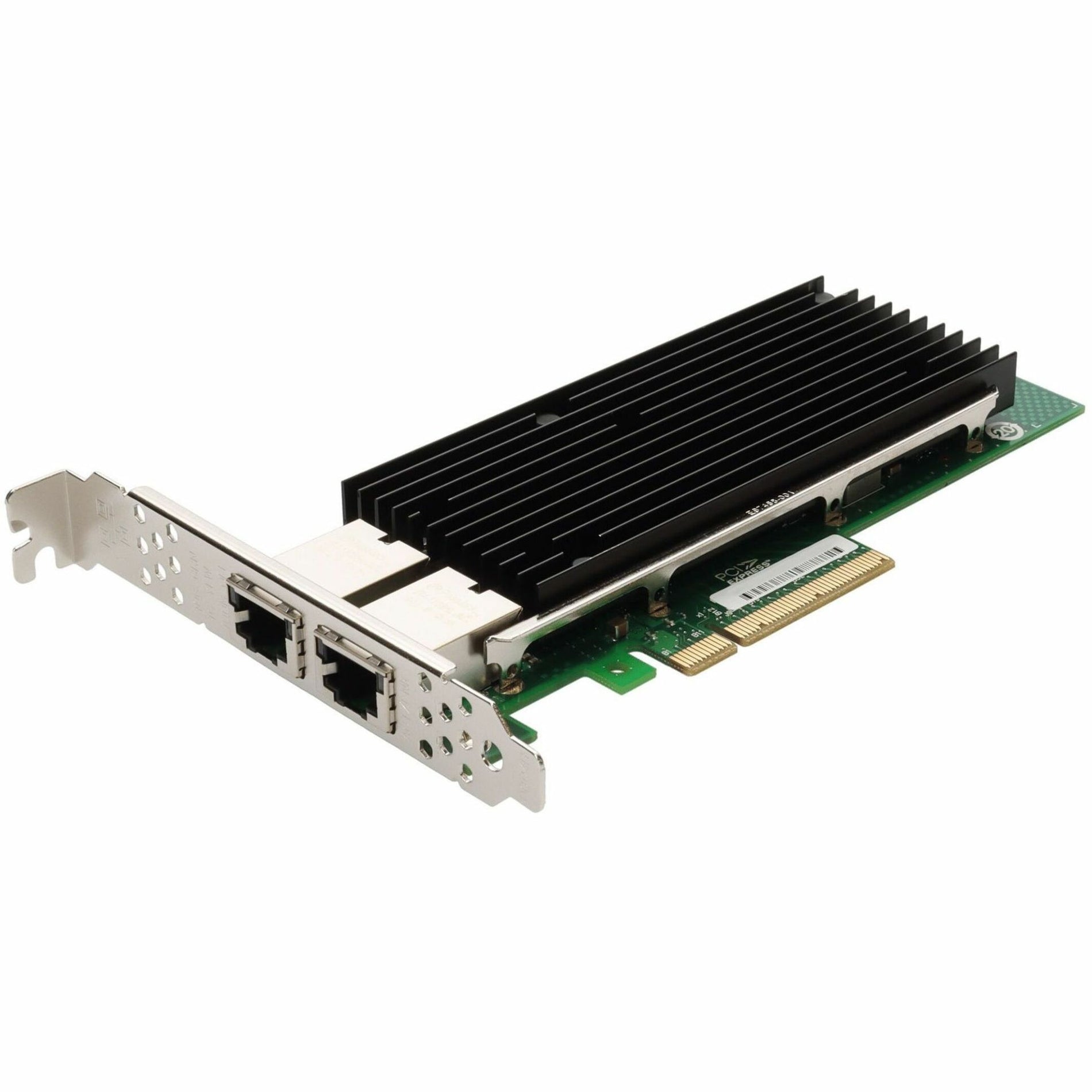 Front view of AddOn SFN5161T 10 Gigabit Ethernet card with dual RJ-45 ports and heatsink-alternate-image1