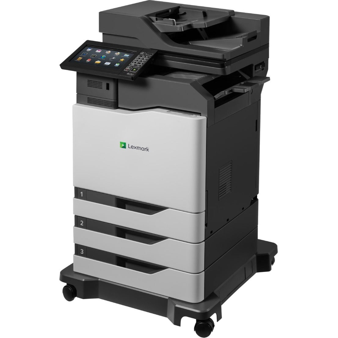 Side angle view of Lexmark CX825dte printer highlighting ergonomic design, multiple paper trays, and mobile stand-alternate-image2