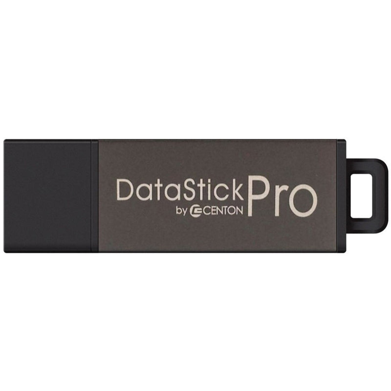 Centon DataStick Pro 64GB USB flash drive in gray and black with integrated carrying loop