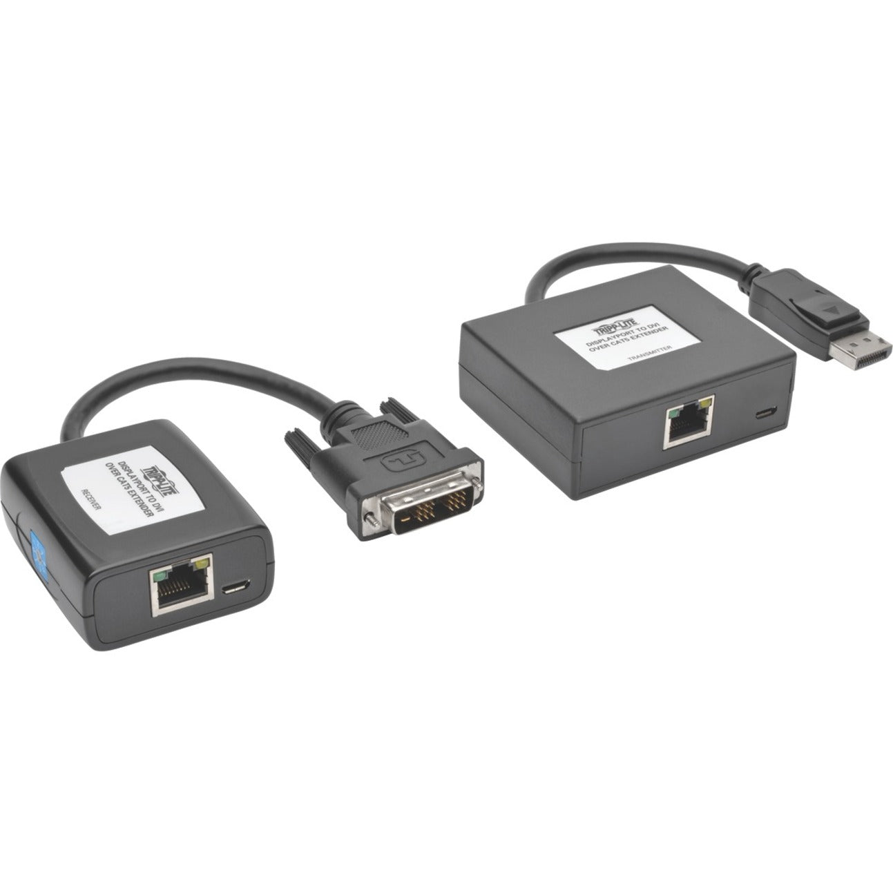 Tripp Lite DisplayPort to DVI extender kit showing transmitter and receiver units with connection ports-alternate-image1