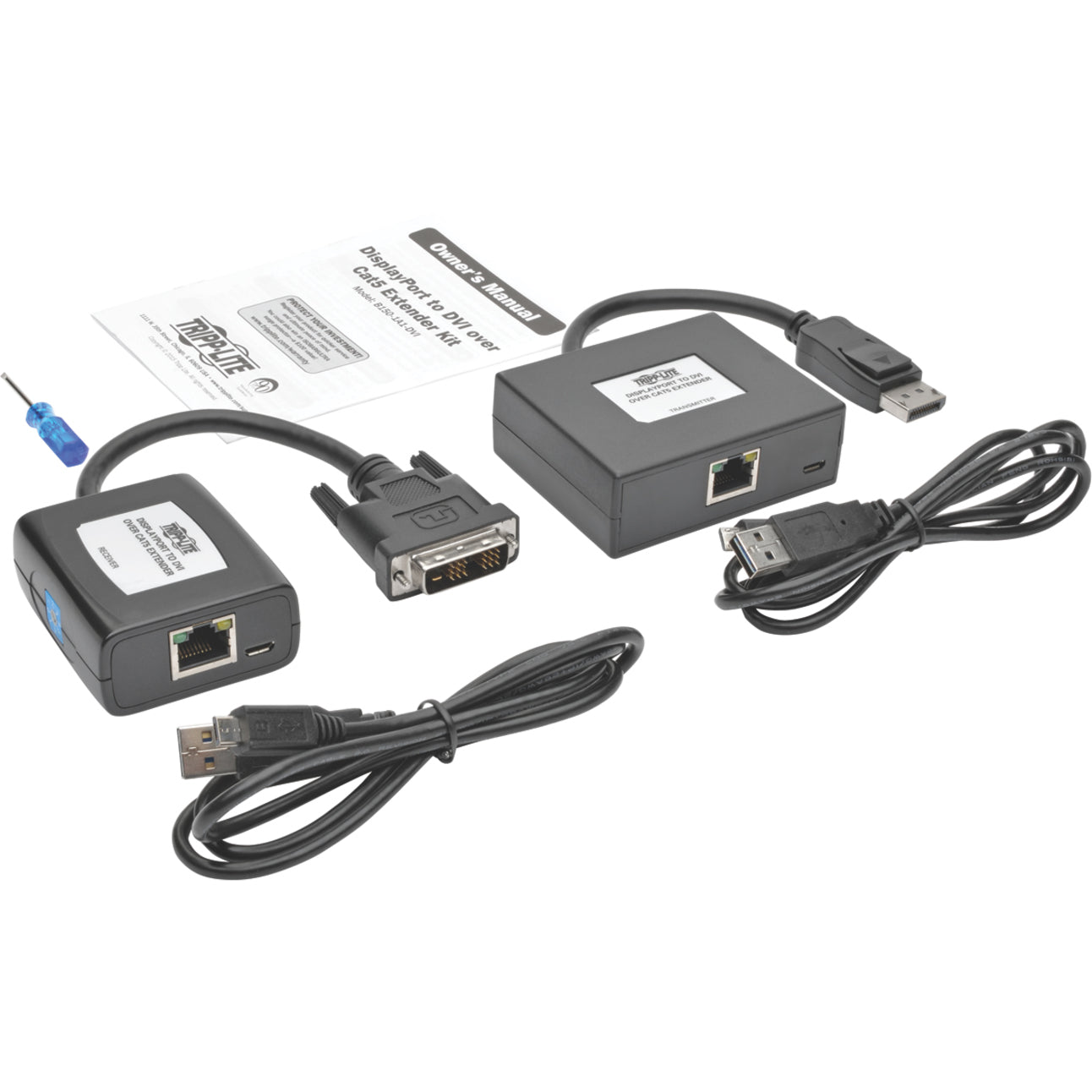 Complete Tripp Lite DisplayPort to DVI extender kit with all included accessories and manual-alternate-image4