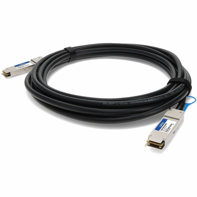 Front view of AddOn 5M QSFP+ 40GBASE-CU direct attach cable showing connector detail