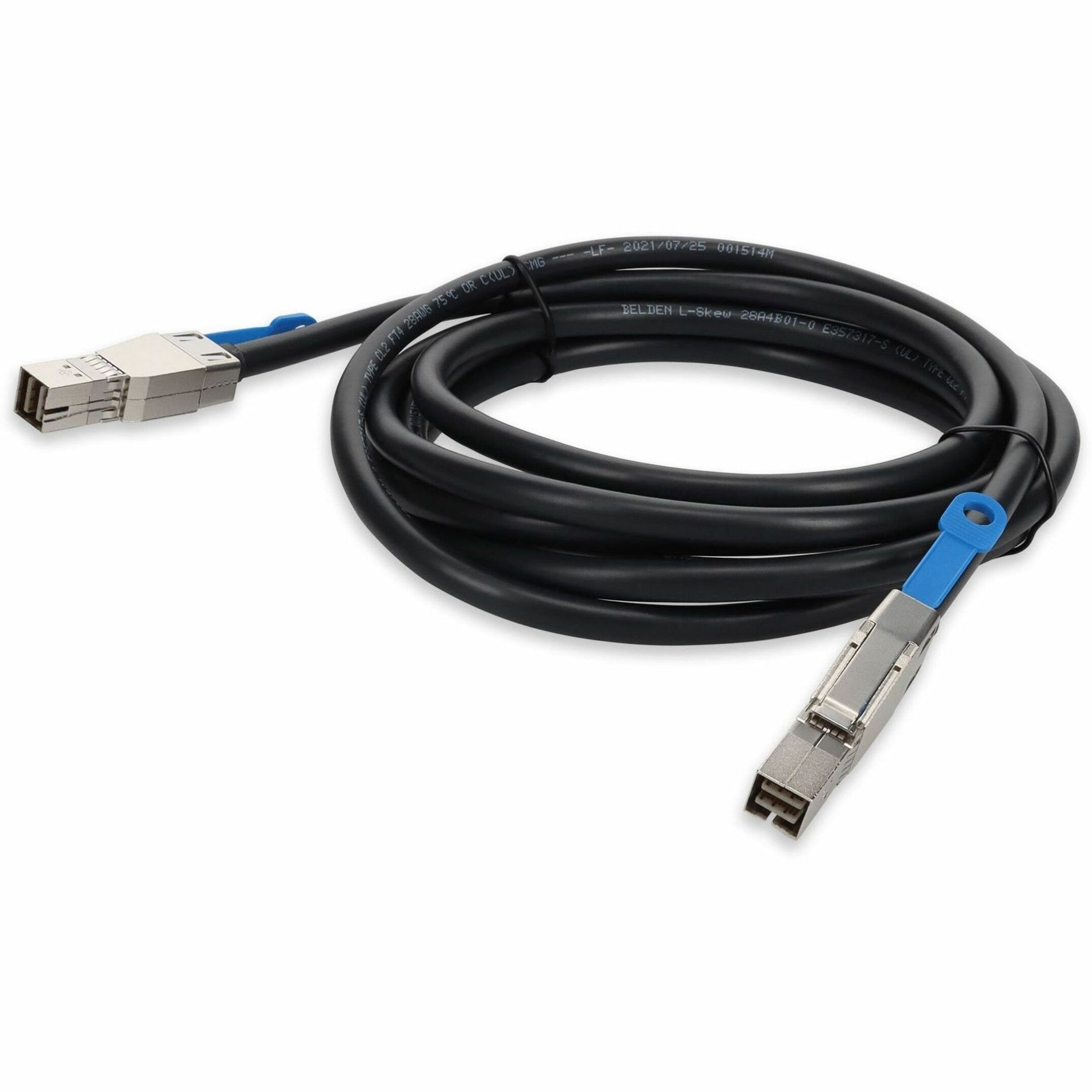 Front view of AddOn 1M SFF-8644 mini-SAS HD cable with black jacket and blue pull tabs-alternate-image1