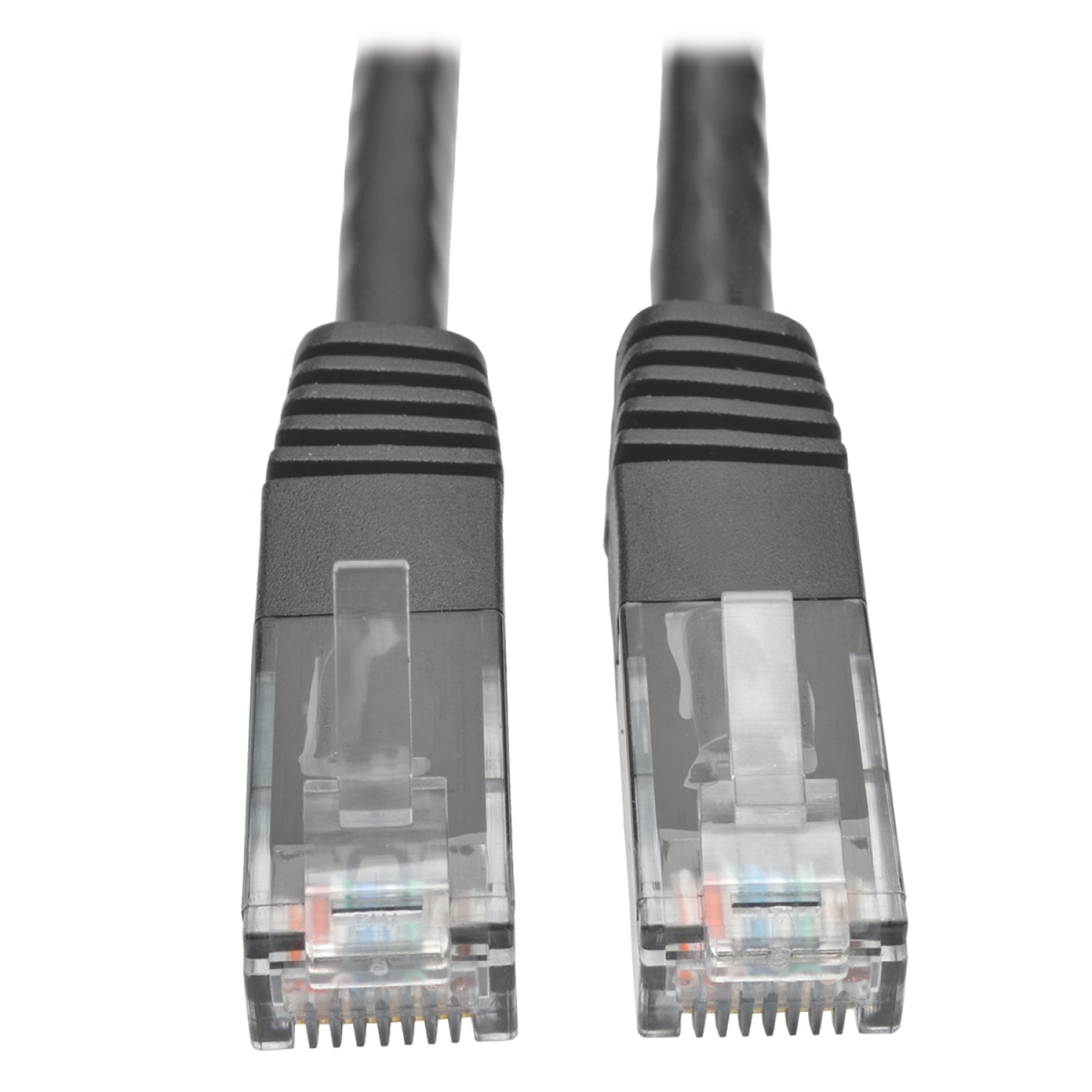 Close-up view of two RJ45 connectors on Tripp Lite Cat6 cable showing gold-plated contacts and transparent housing-alternate-image1