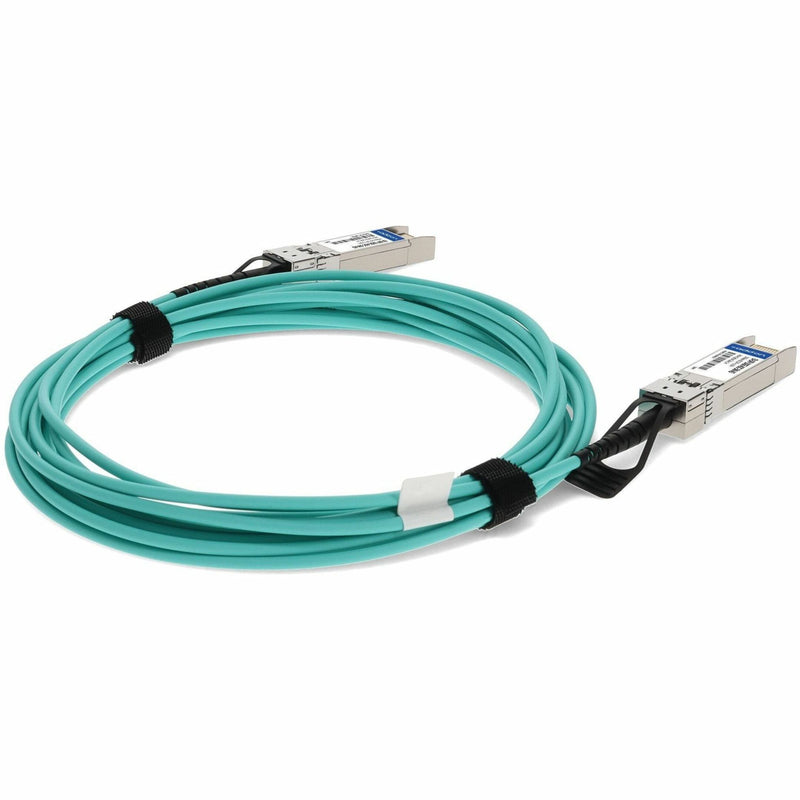 Angled view showing TAA-compliant SFP+ cable construction