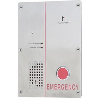 Talkaphone VOIP-500E emergency IP phone panel featuring a red emergency button, speaker grid, LED indicators, and brushed metal finish-alternate-image1