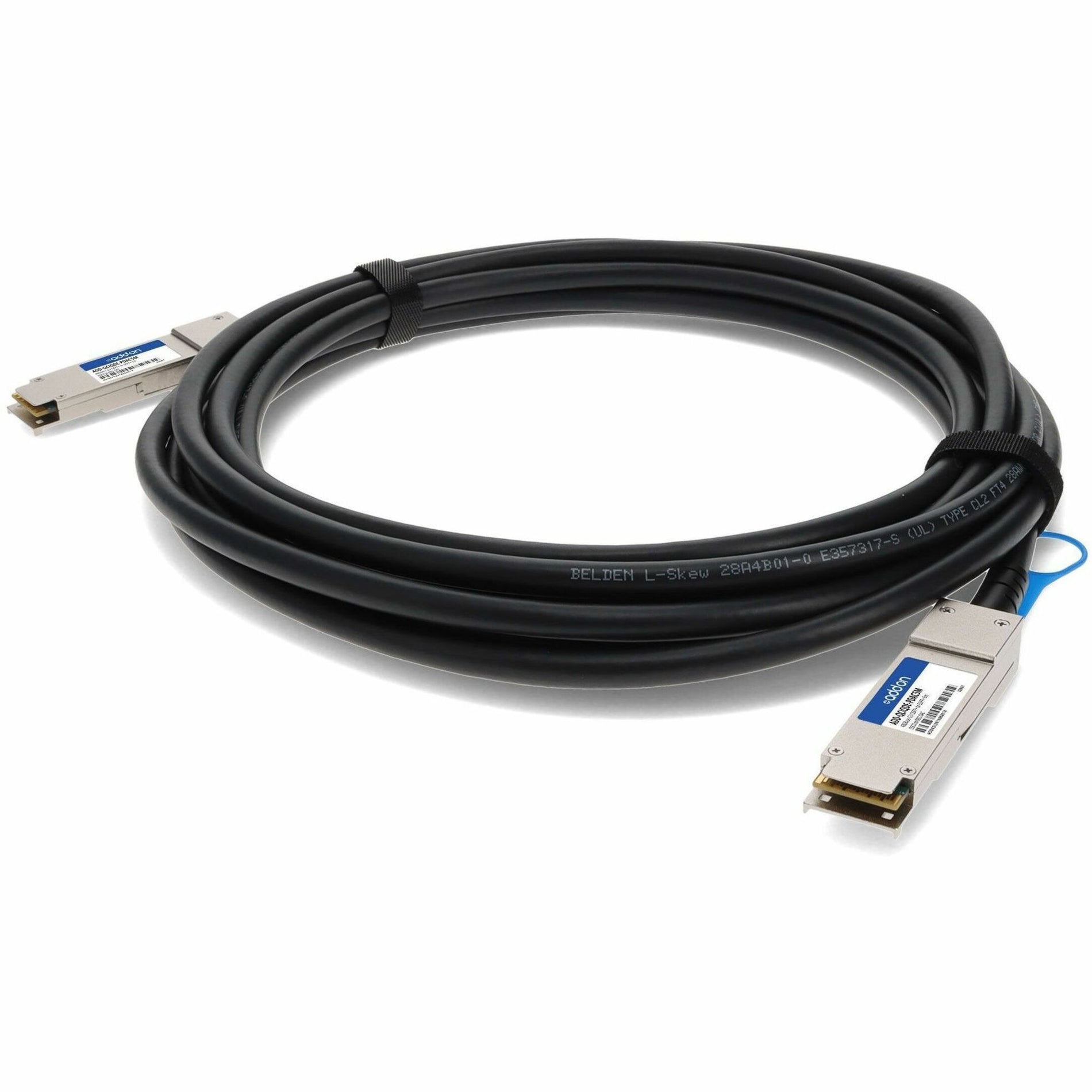 Front angle view of AddOn QSFP+ direct attach cable with black jacket and metal connectors-alternate-image1