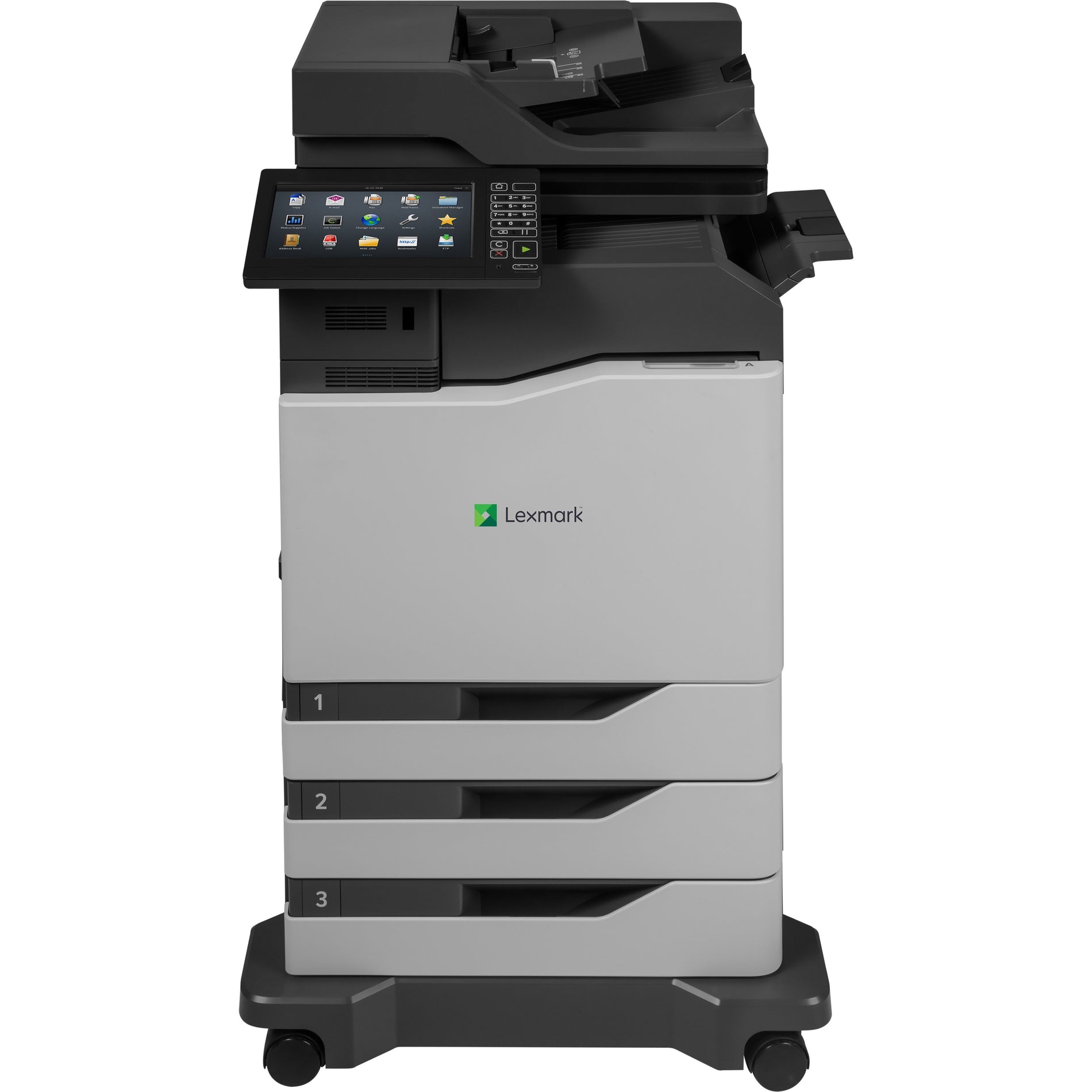 Front view of Lexmark CX825dtfe multifunction printer showing 10-inch touchscreen interface and three paper trays-alternate-image1