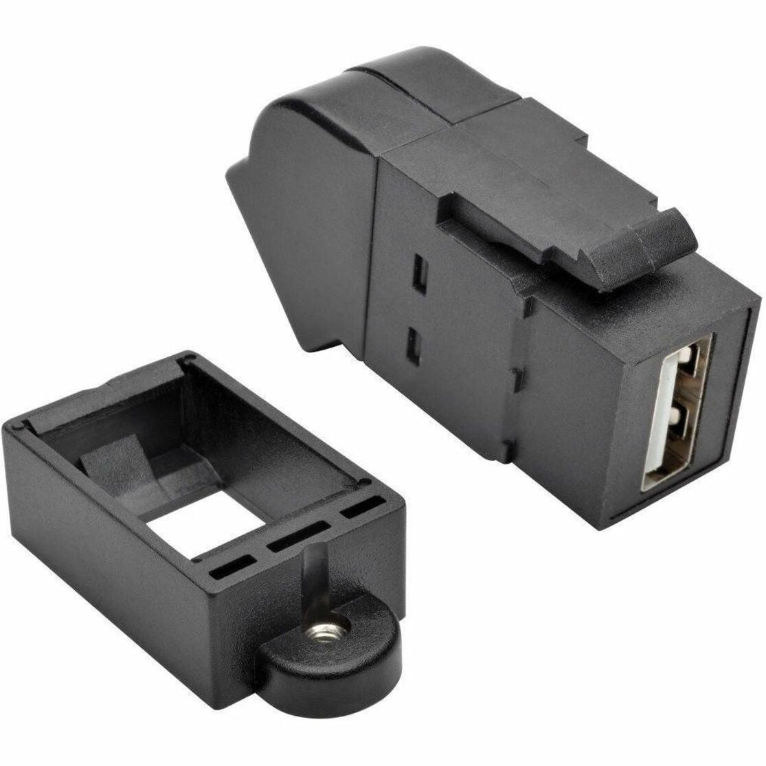 Black USB 2.0 keystone coupler with panel mount adapter showing female USB-A ports and mounting hardware-alternate-image1