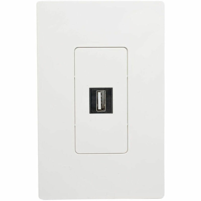 White wall plate with installed black USB keystone coupler