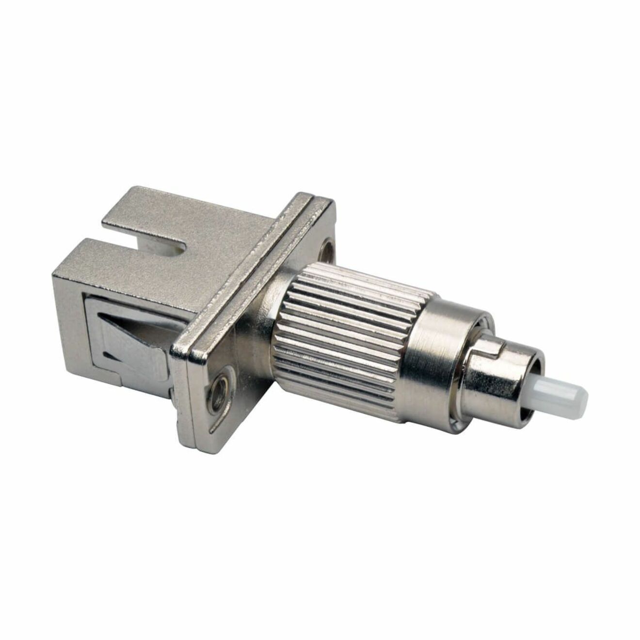 Silver-colored FC to SC fiber optic adapter with precision-engineered connectors and distinctive ribbed design-alternate-image1