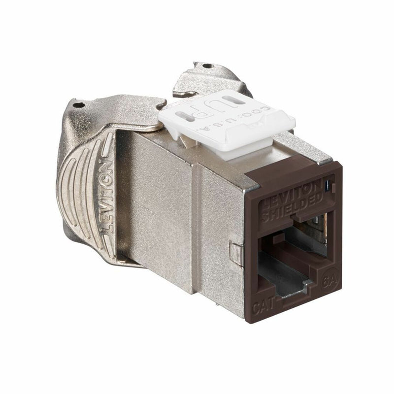 Detailed side angle of Leviton Atlas-X1 CAT6A shielded jack highlighting die-cast housing and brown connector face