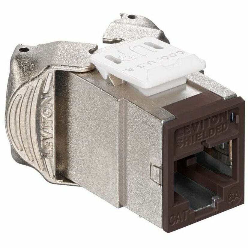 Close-up view of Leviton Atlas-X1 CAT6A shielded network jack showing metallic housing and brown QuickPort interface-alternate-image1