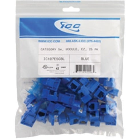 ICC CAT 5e EZ modular connectors 25-pack in blue shown in resealable clear packaging-alternate-image1