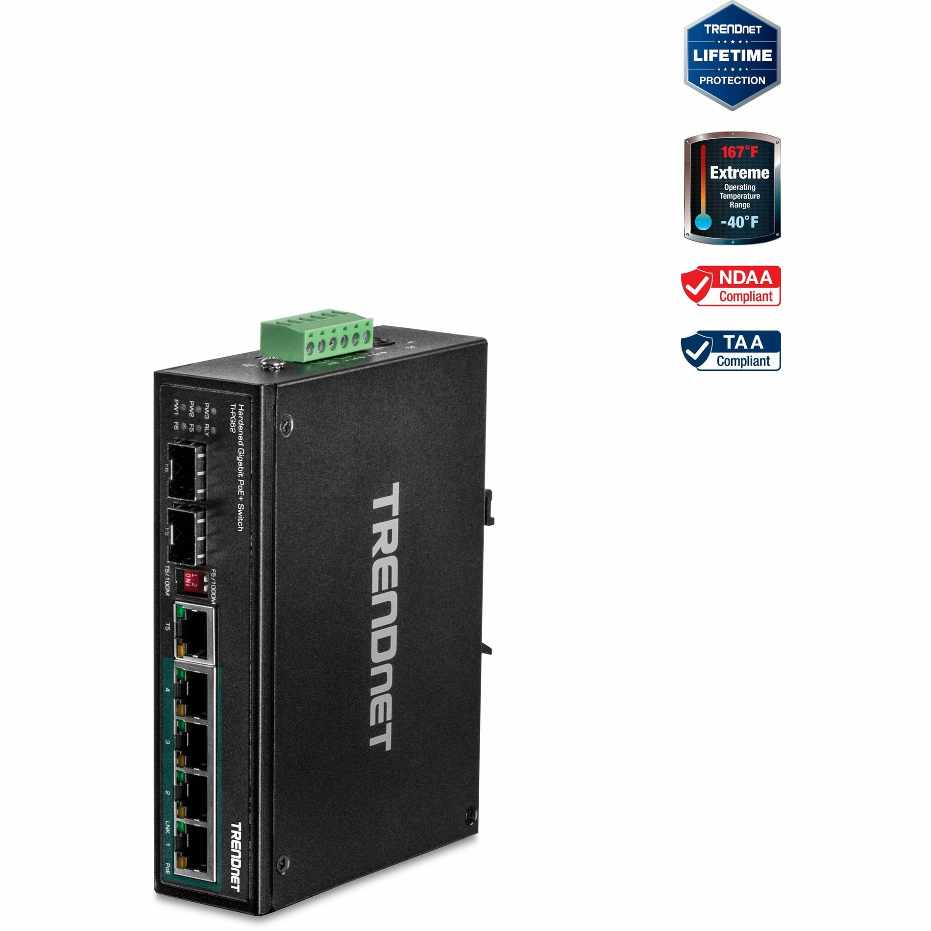 TRENDnet 6-Port Hardened Industrial Gigabit PoE+ DIN-Rail Switch, 4 x Gigabit PoE+ Ports, Shared Gigabit Port (RJ-45/SFP), Dedicated SFP, 120W Power Budget, IP30, Lifetime Protection, Black, TI-PG62