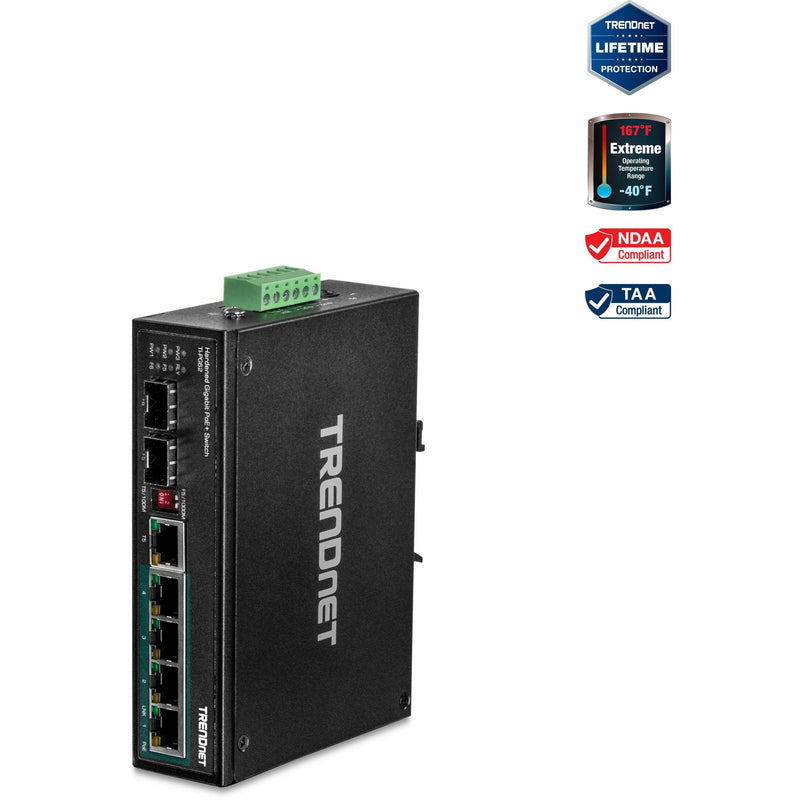 TRENDnet TI-PG62 6-port industrial PoE+ switch with DIN-rail mount and temperature rating badges