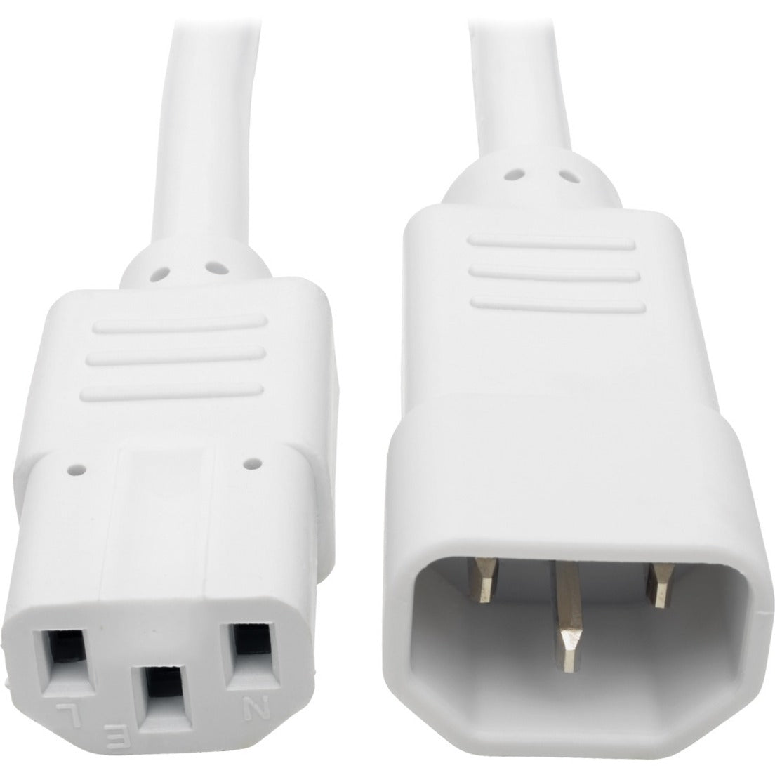 Close-up view of white IEC C14 male and C13 female connectors on Tripp Lite power cord-alternate-image1