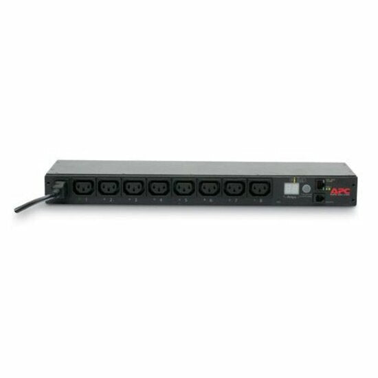 APC AP7920 Switched Rack PDU showing 8 IEC C13 outlets in horizontal 1U form factor with network management interface