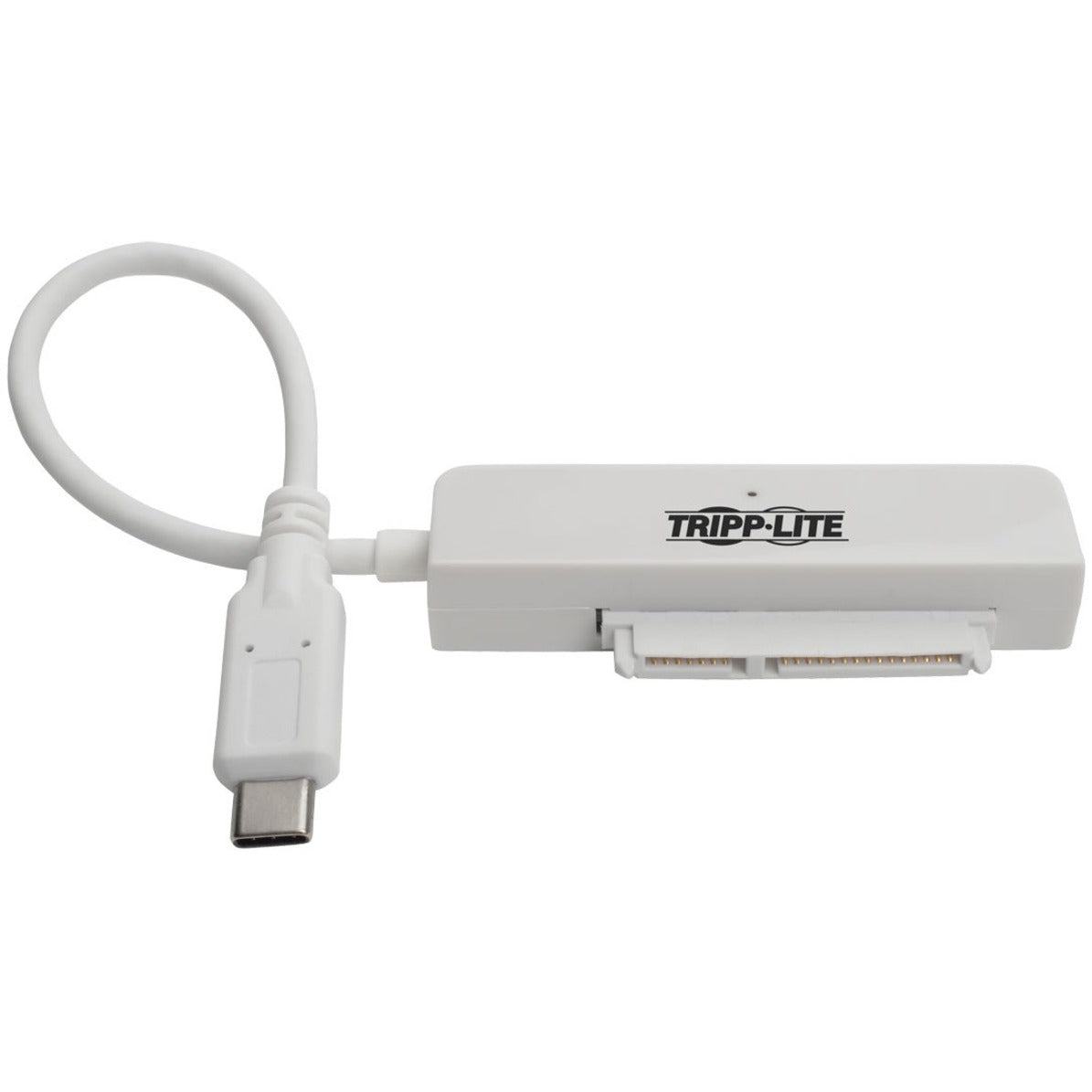 Angled view of Tripp Lite USB-C to SATA adapter showing SATA connection interface and cable flexibility-alternate-image2