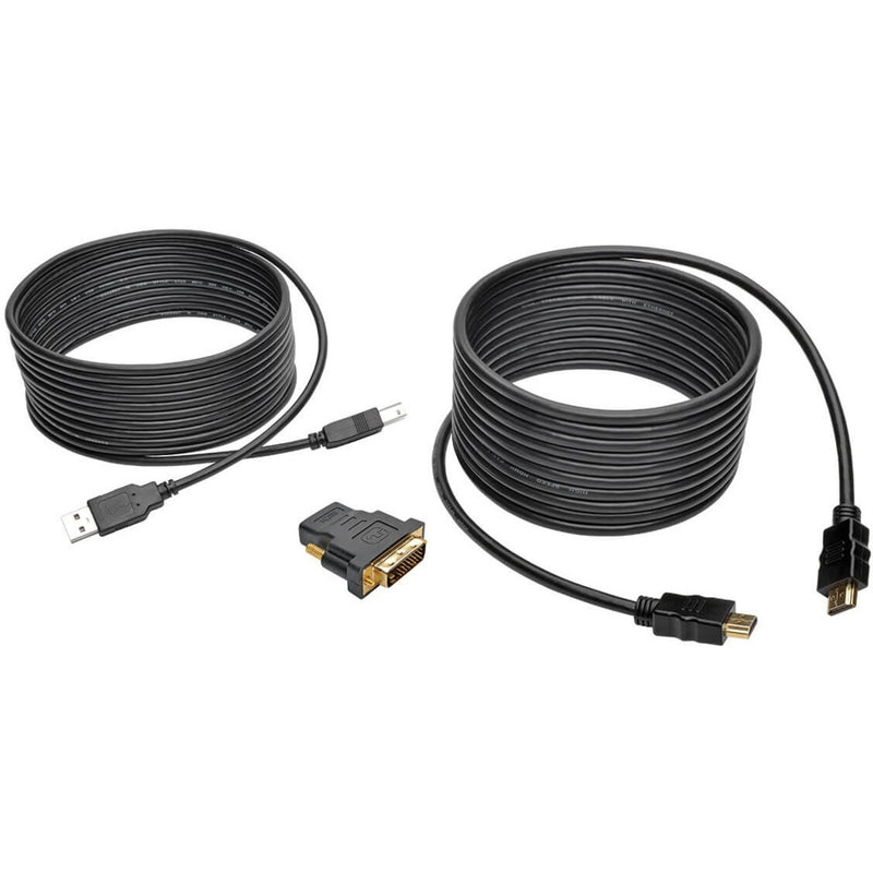 15-foot KVM cable kit showing USB cable, HDMI cable, and DVI-to-HDMI adapter