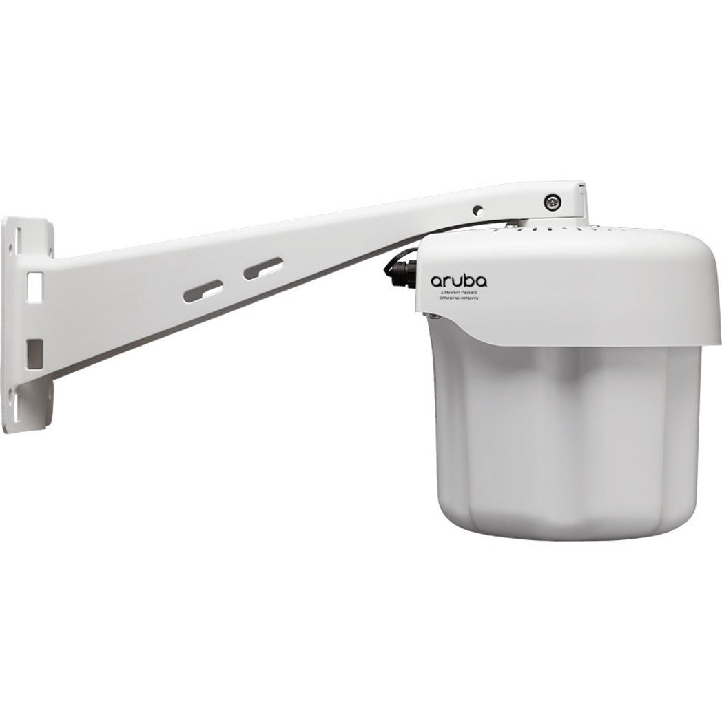 Aruba IAP-275 outdoor wireless access point with wall-mounting bracket in white, showing industrial-grade weatherproof housing-alternate-image1