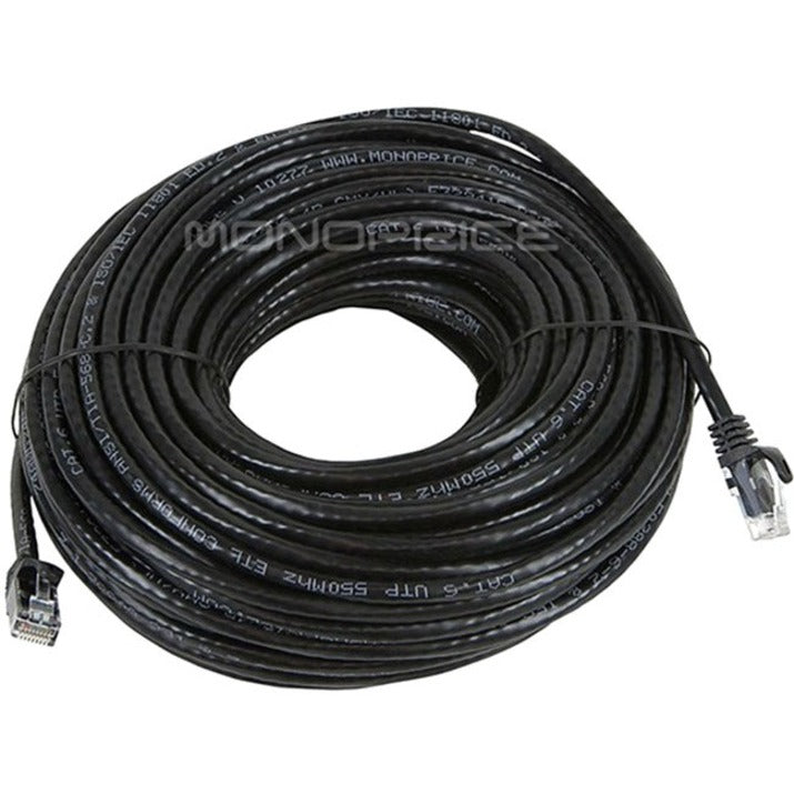 100-foot black Cat6 ethernet cable coiled showing Monoprice branding and UTP construction-alternate-image1