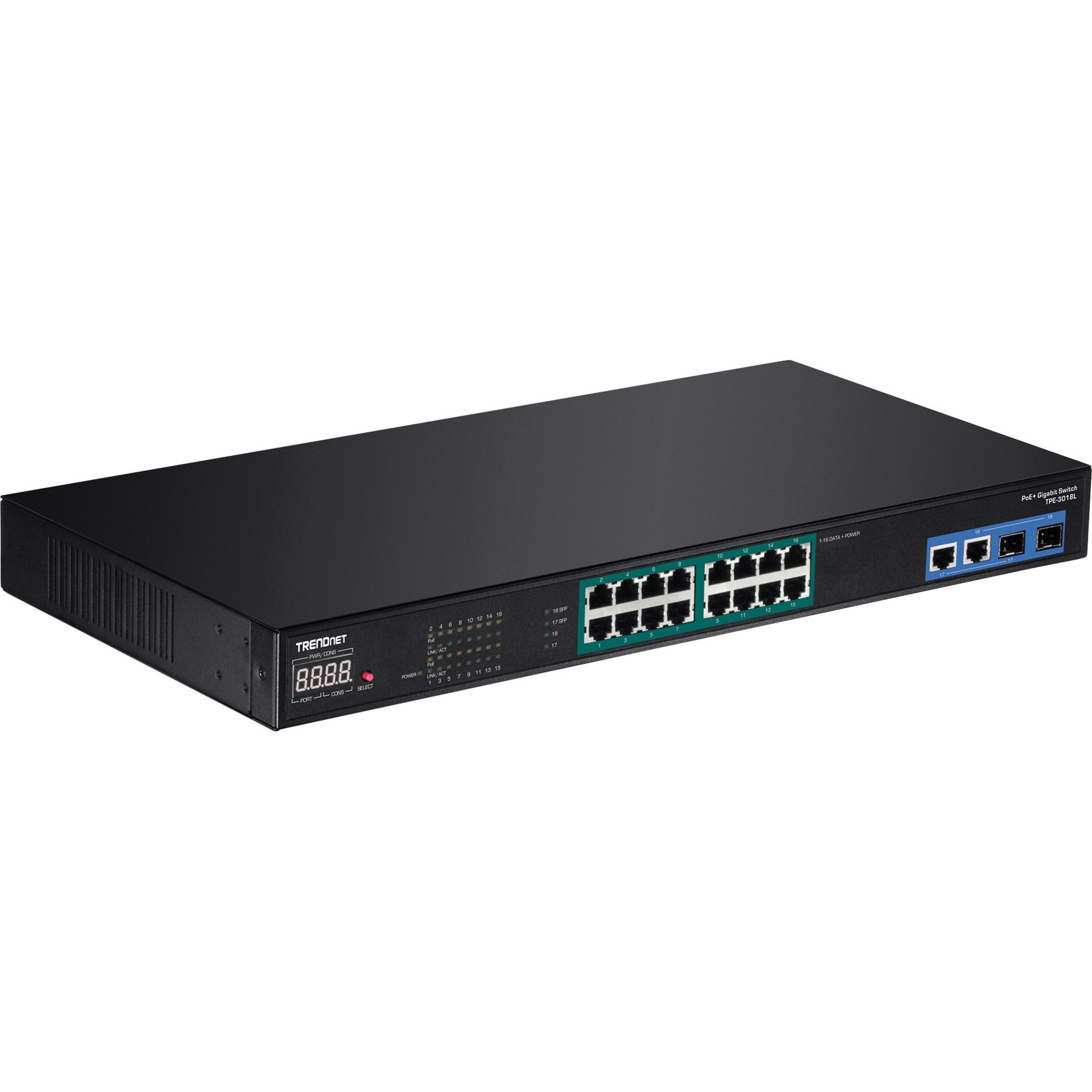 TRENDnet สวิตช์ NVR PoE+ ขนาด 18 พอร์ต Gigabit พร้อมหน้าจอ LED (TPE-3018L)