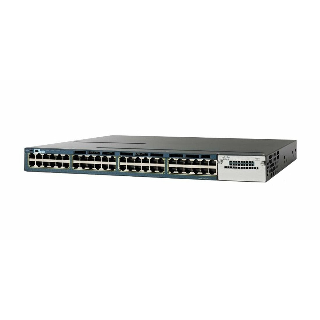 Side-angled view of Cisco Catalyst 3560X-48P switch emphasizing stackable design and modular architecture-alternate-image2