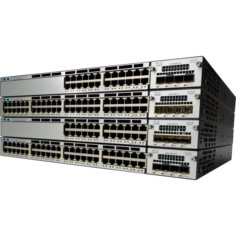 Angled view of stacked Cisco Catalyst 3750-X switches emphasizing modular design and network expansion capabilities