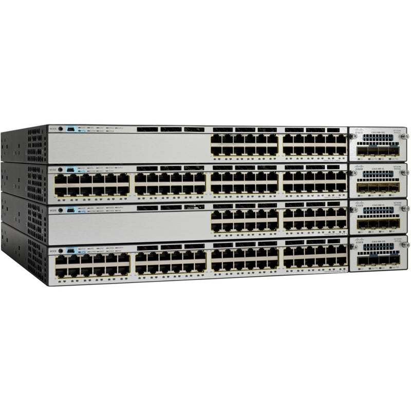 Direct front view of Cisco Catalyst 3750-X switch stack showing port alignment and management interfaces