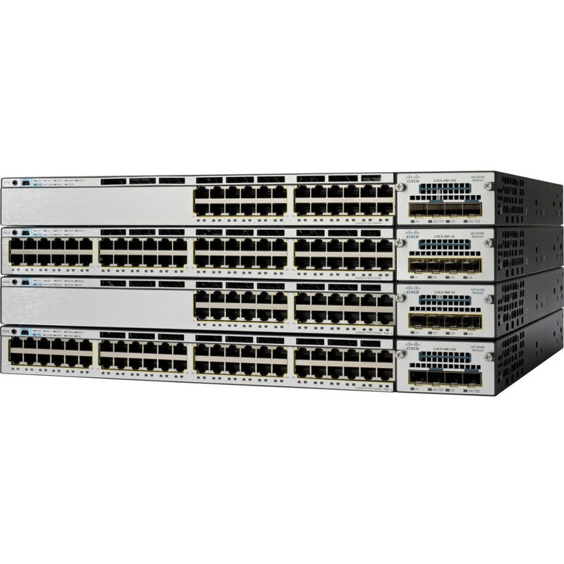 Front view of four stacked Cisco Catalyst WS-C3750X-48T-L switches showing 48 Gigabit Ethernet ports and network modules